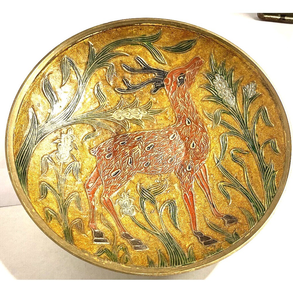 Deer in the Field Painted Enamel & Brass Pedestal Bowl 7 inches in diameter - Picture 2 of 4